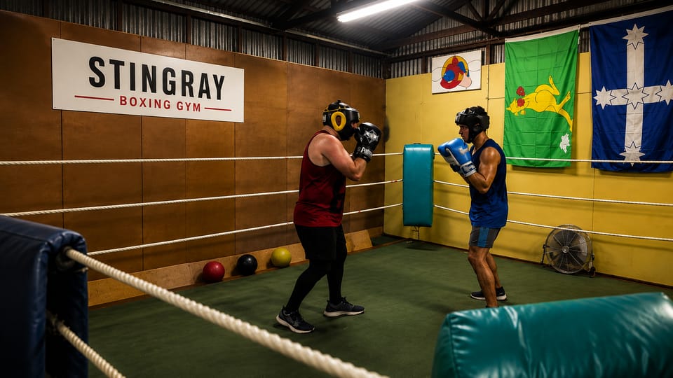 Two boxers in headgear and gloves squaring up in the ring at StingRay Boxing, the gym’s sign on the wall behind them